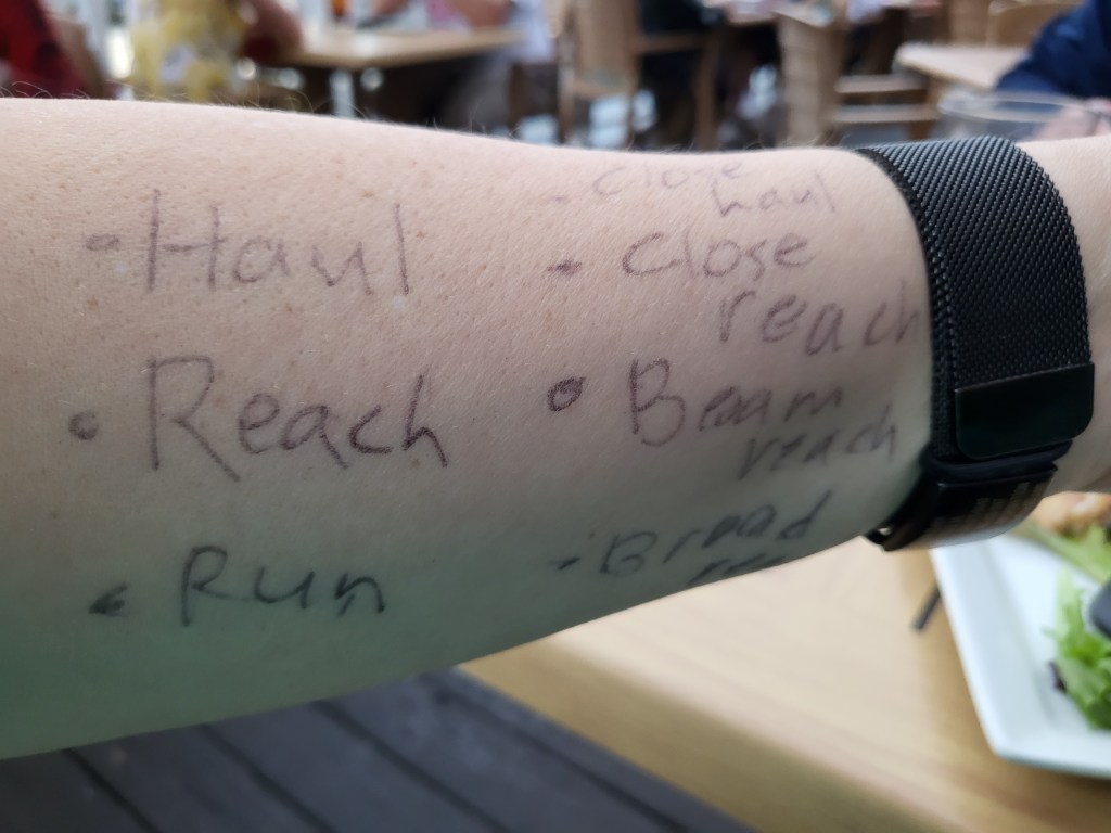 sailing words written in ink on my forearm