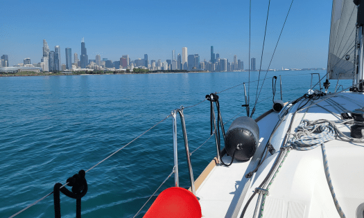 From a sailboat on Lake Michigan, the Chicago skyline on the horizon.