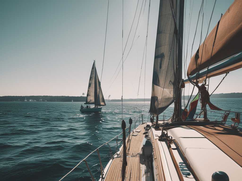 Two sailboats on wavy water, under a cloudless sky