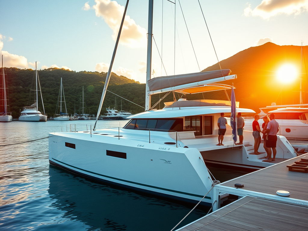 an AI rendering of a catamaran at a dock, with people standing on the deck and the sun shining in the background