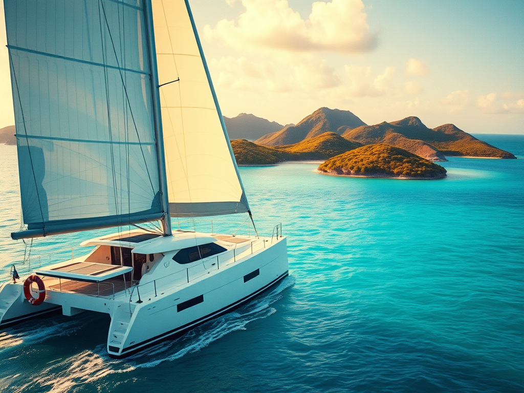 an AI rendering of a sailing catamaran, on aqua blue waters, and islands in the background