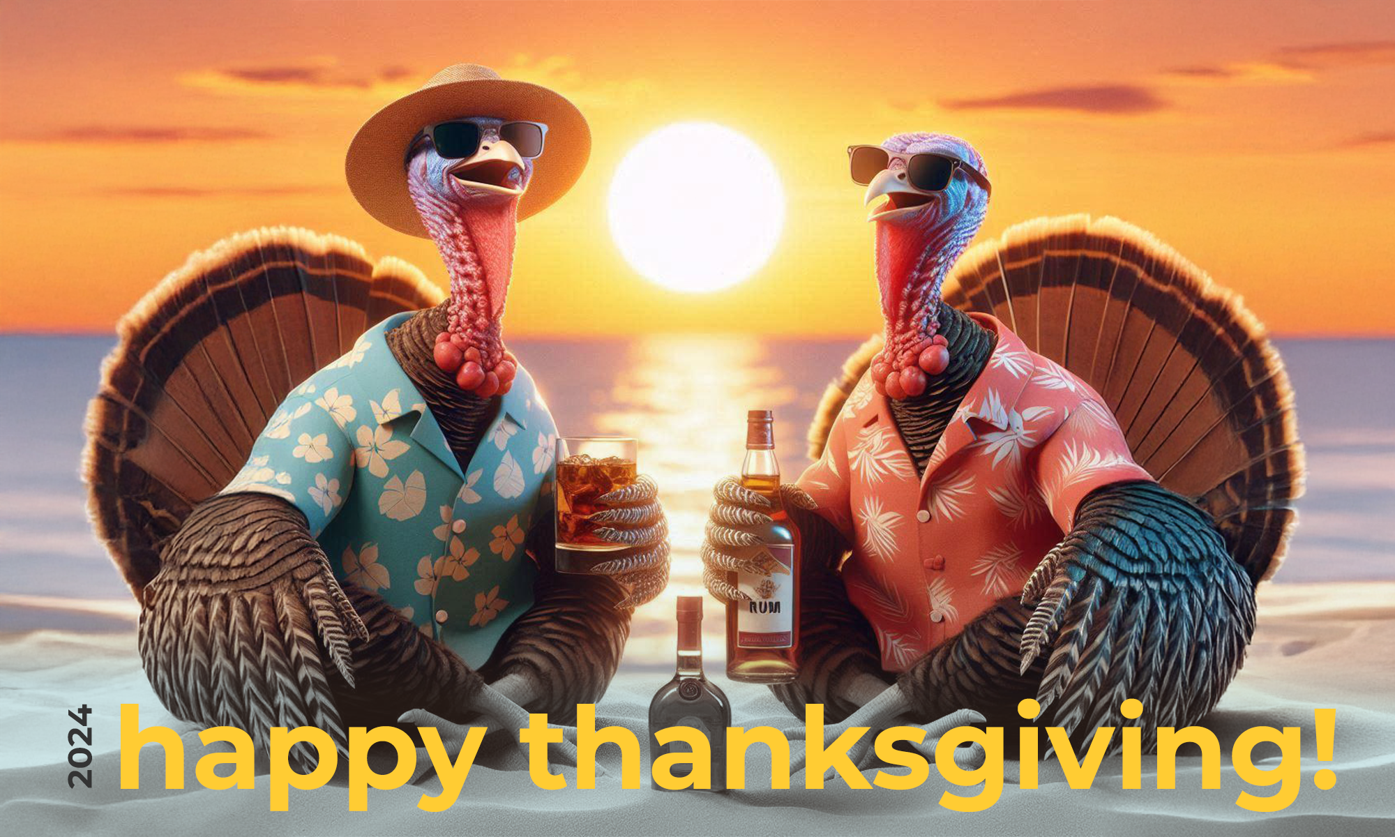 two turkeys wearing sunglasses and Hawaiian shirts sipping bourbon and rum on a beach, the sun setting behind them