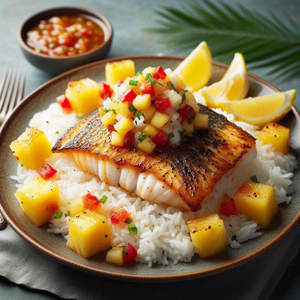 plate with a bed of rice topped with a fish filet and pineapple salsa and pineapples