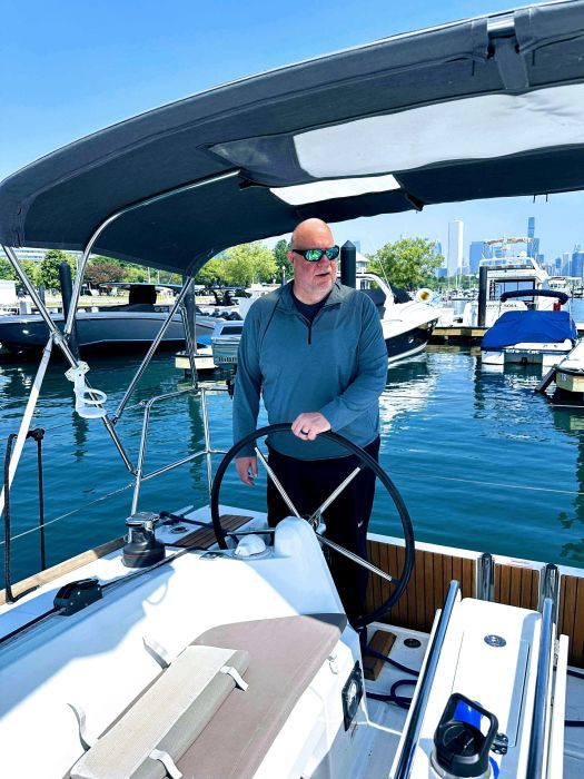 Kent at the helm, taking us out of the marina.