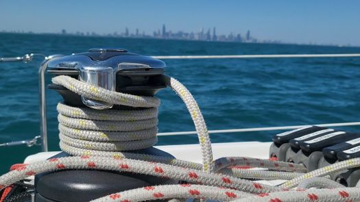 boat winch with Chicago skyline in the background.