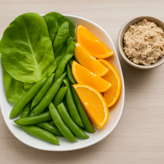 Butter lettuce leaves, sugar snap peas, orange slices, and a small bowl of tuna salad.