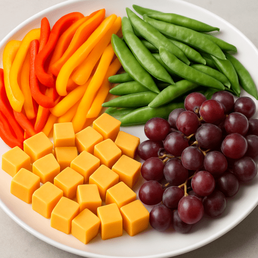 sliced peppers, sugar snap peas, cubes of cheese, and grapes on a plate.
