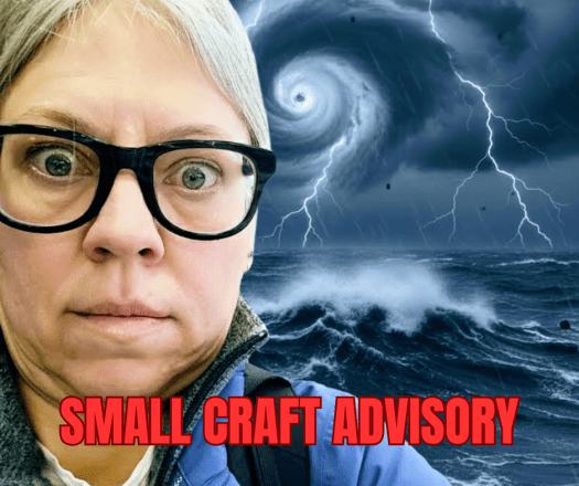 Becca looking alarmed, with a hellish ocean scene in the background (AI generated)