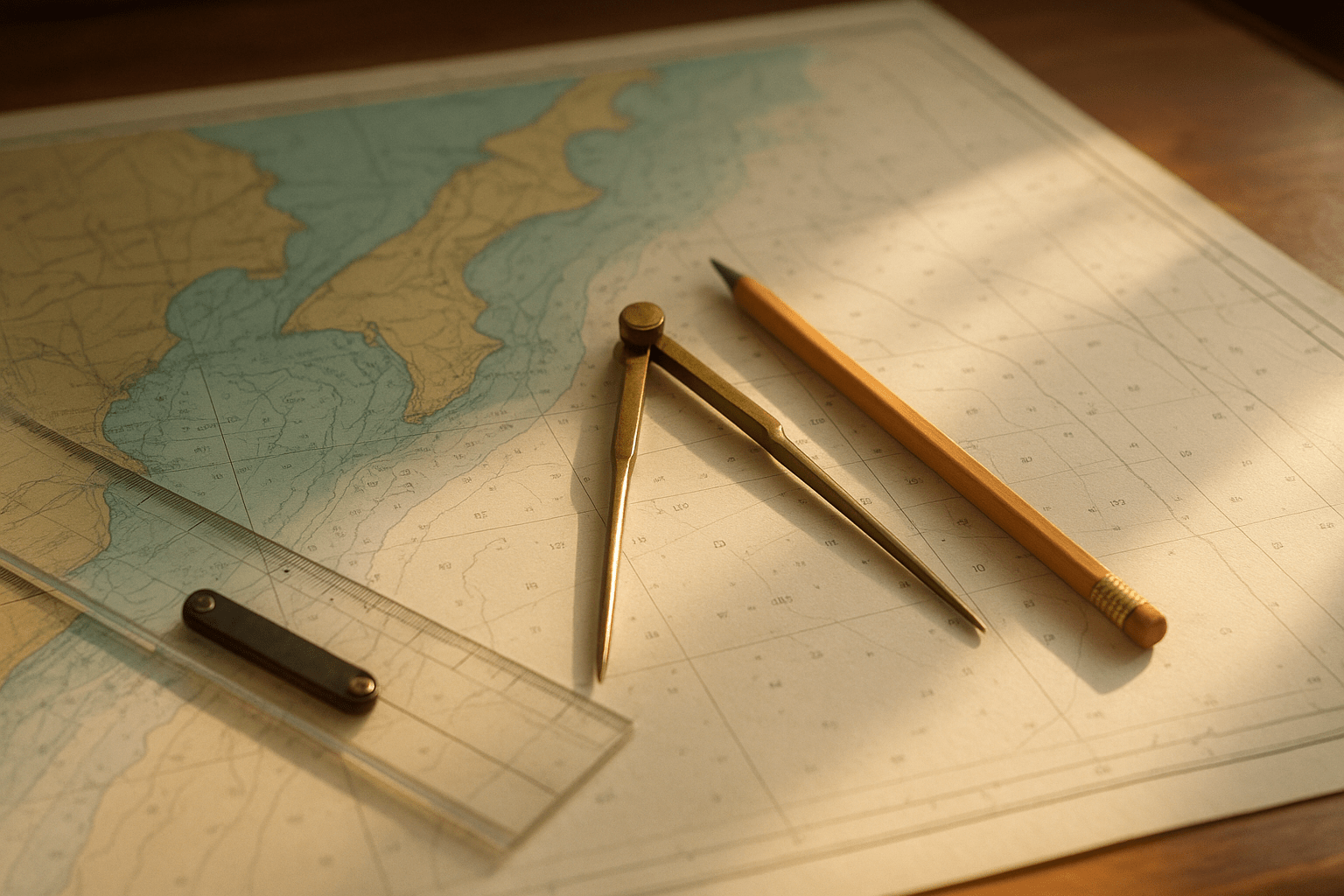 a nautical chart with a ruler, divider, and a pencil.