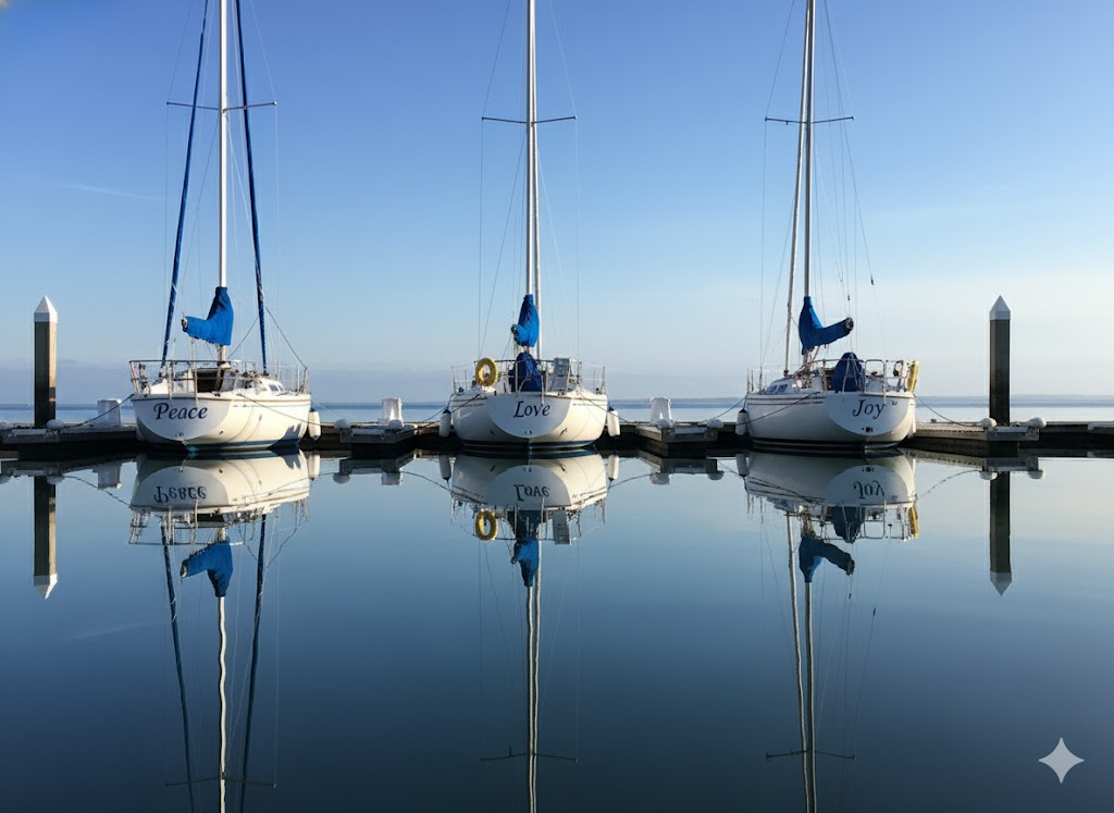 Three sailboats with their names painted on their transoms: Peace, Love, and Joy.