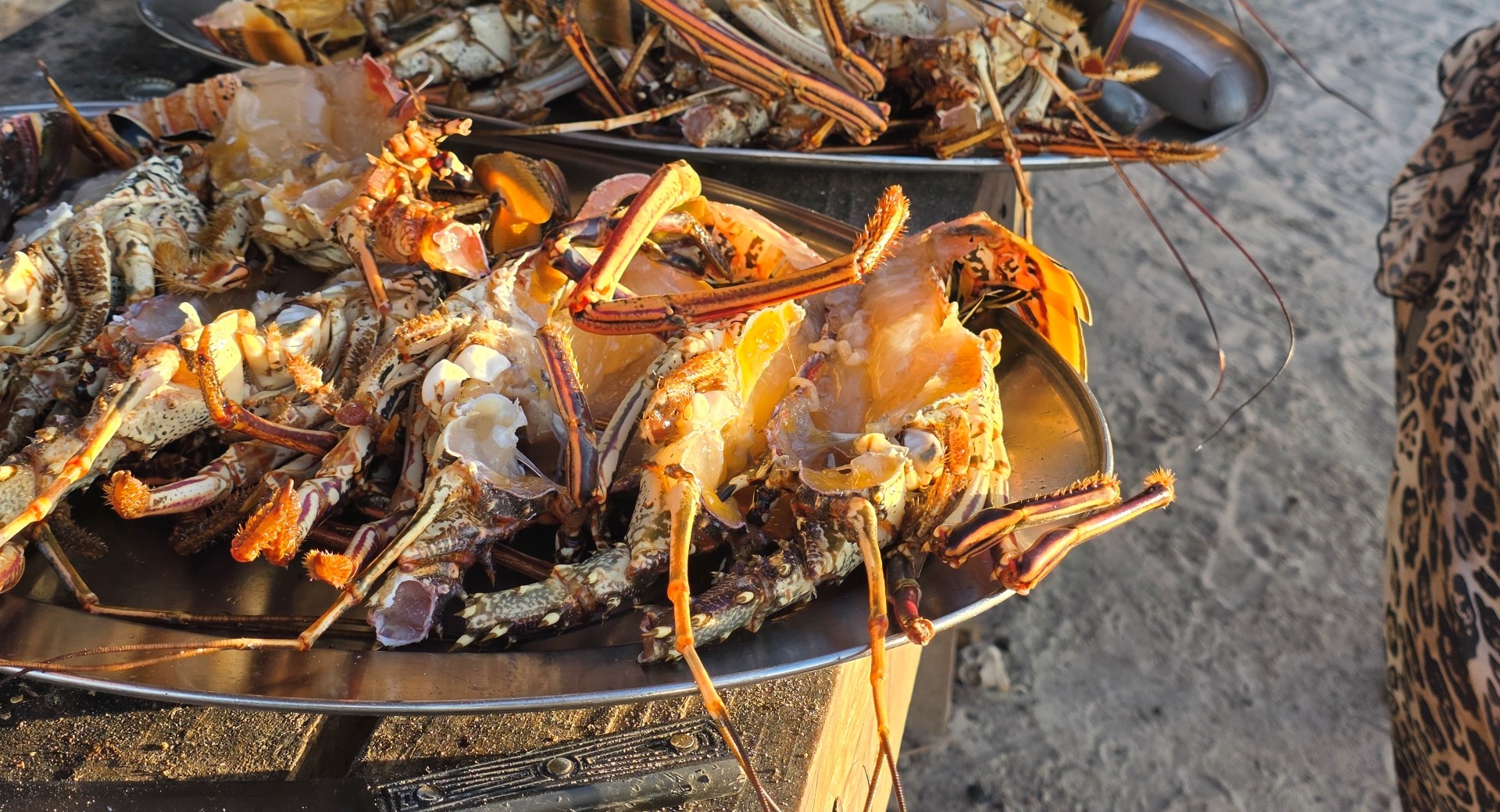 Metal tray filled with several raw lobsters split open to reveal their flesh, arranged outdoors on a cooking surface in natural light.