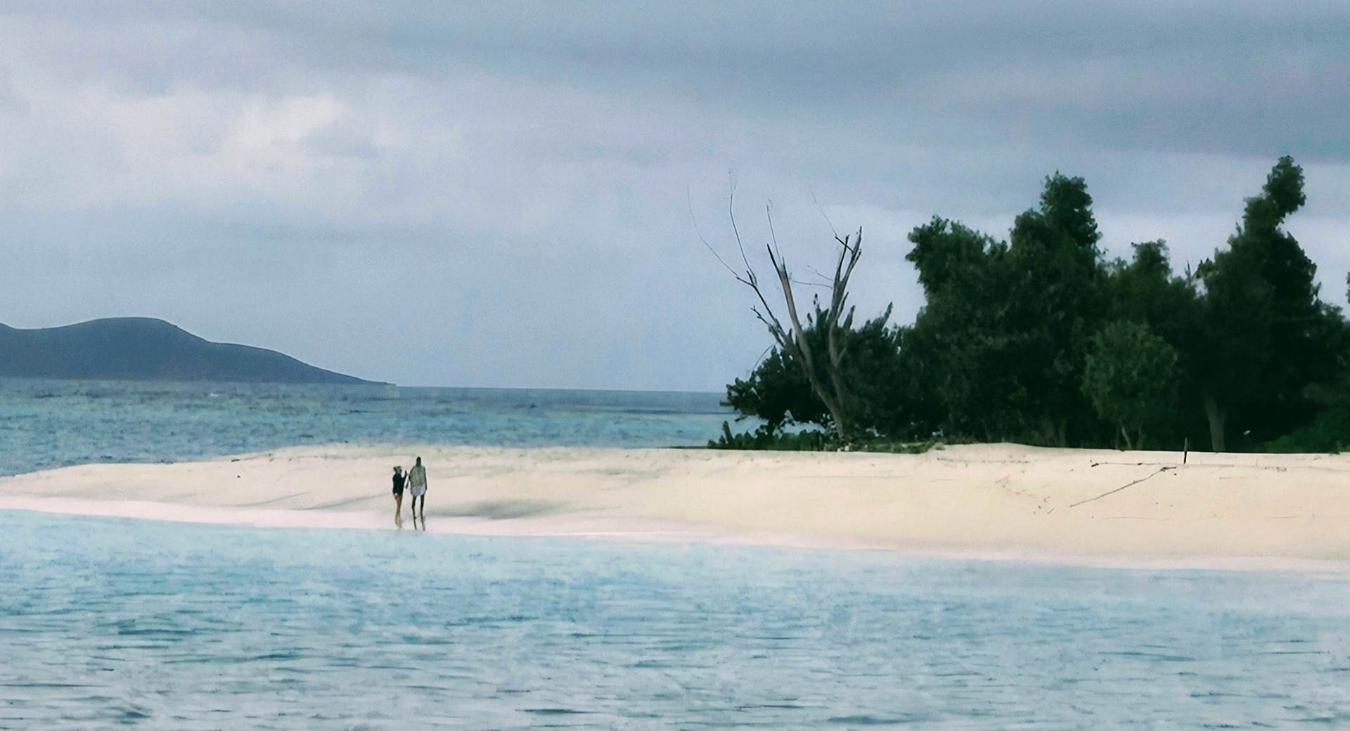 Two people walking along a sandy beach beside calm blue water, with dense green trees behind them and a distant low island visible under an overcast sky.